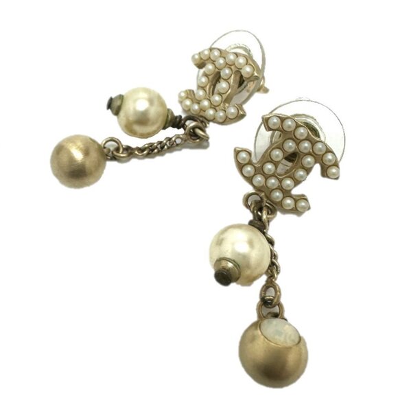 CHANEL Gold Pearl Logo Earrings